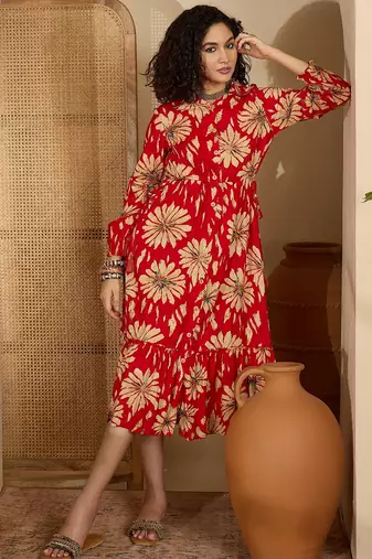 red floral print viscose rayon a line midi dress