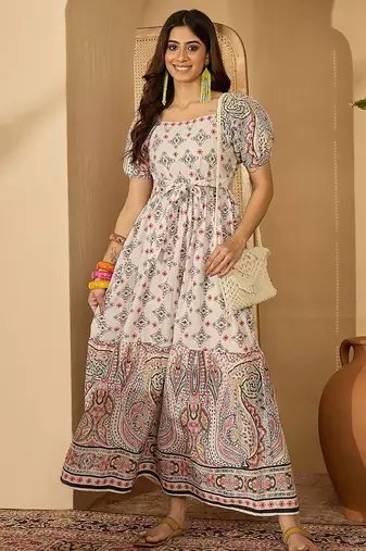 pink printed cotton a line midi dress