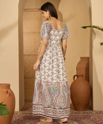 pink printed cotton a line midi dress 3