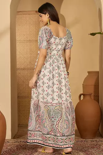 pink printed cotton a line midi dress