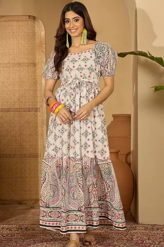pink printed cotton a line midi dress