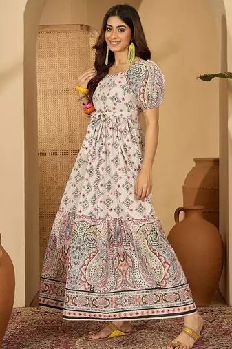 pink printed cotton a line midi dress