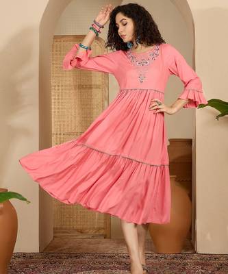 pink floral embroidered viscose rayon midi dress 1