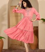 pink floral embroidered viscose rayon midi dress
