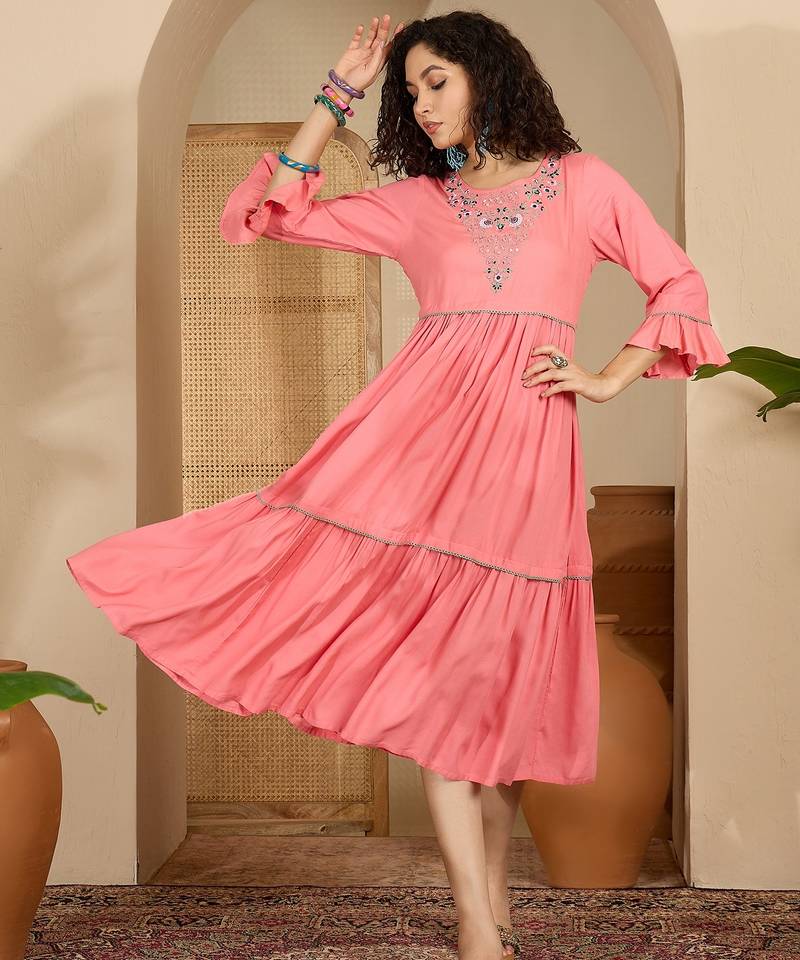 Daylist women floral embroidered and lace flared sleeve empire midi dress