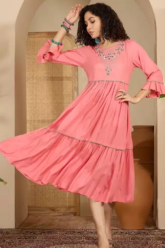 pink floral embroidered viscose rayon midi dress