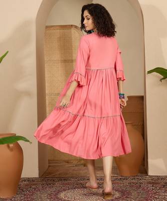 pink floral embroidered viscose rayon midi dress 3