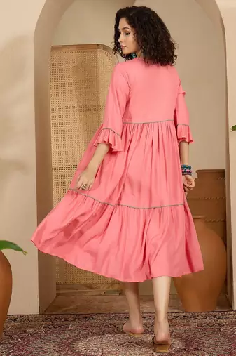 pink floral embroidered viscose rayon midi dress