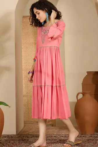 pink floral embroidered viscose rayon midi dress