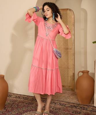 pink floral embroidered viscose rayon midi dress 5