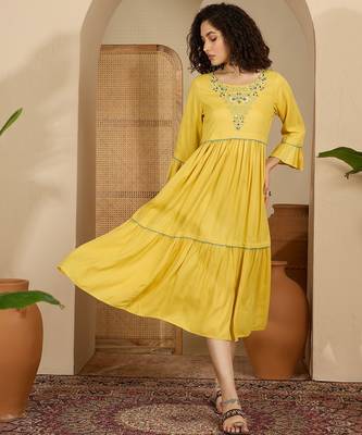yellow floral embroidered viscose rayon midi dress 1