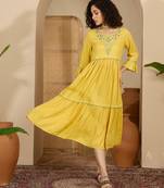 yellow floral embroidered viscose rayon midi dress