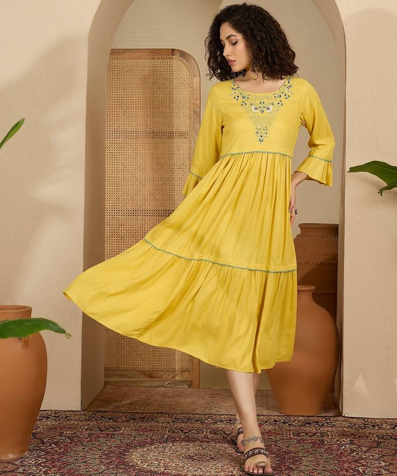 Daylist women floral embroidered and lace flared sleeve empire midi dress