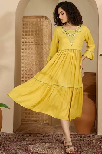 yellow floral embroidered viscose rayon midi dress