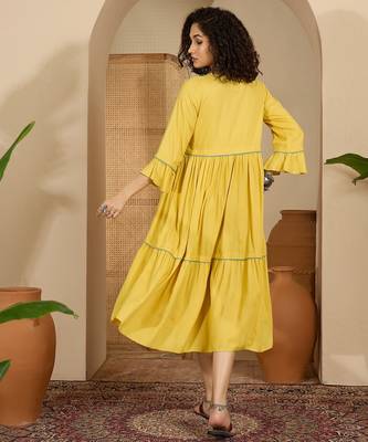 yellow floral embroidered viscose rayon midi dress 3