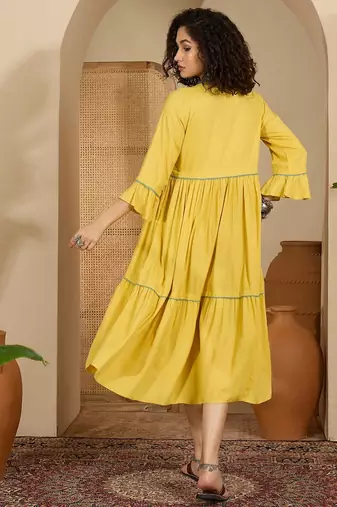 yellow floral embroidered viscose rayon midi dress