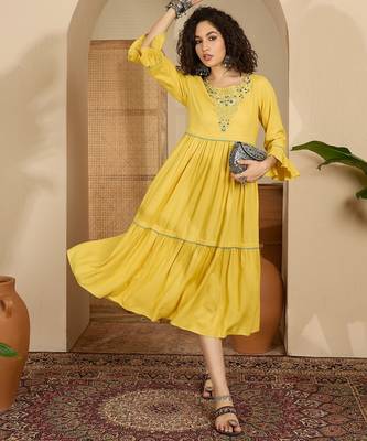 yellow floral embroidered viscose rayon midi dress 4