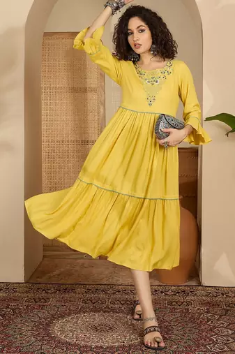 yellow floral embroidered viscose rayon midi dress