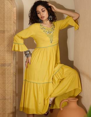 yellow floral embroidered viscose rayon midi dress 5