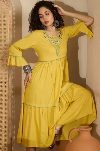 yellow floral embroidered viscose rayon midi dress