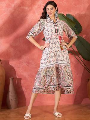 pink printed cotton midi dress with shirt collar 1