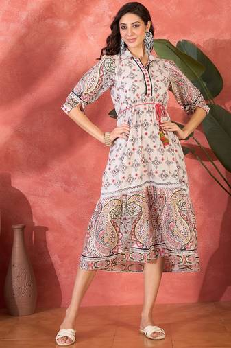 Daylist women ethnic motifs printed shirt collar tie-ups tiered fit and flare midi dress