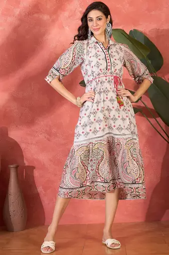 Daylist women ethnic motifs printed shirt collar tie-ups tiered fit and flare midi dress