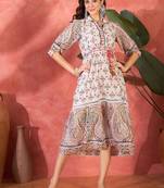pink printed cotton midi dress with shirt collar