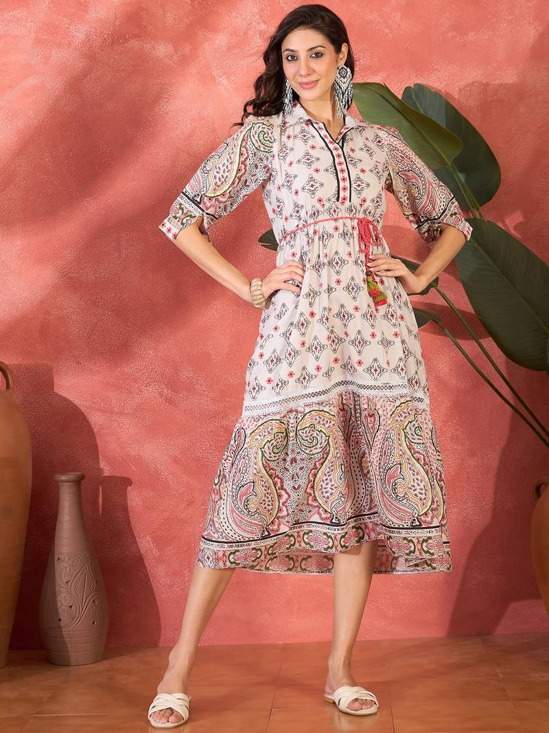 Daylist women ethnic motifs printed shirt collar tie-ups tiered fit and flare midi dress