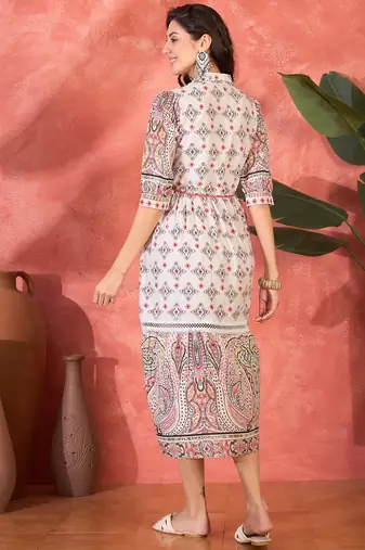 pink printed cotton midi dress with shirt collar