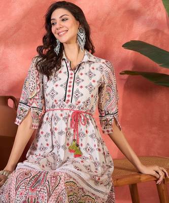 pink printed cotton midi dress with shirt collar 4