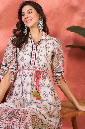 pink printed cotton midi dress with shirt collar