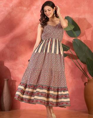 maroon printed cotton sleeveless flare dress 1