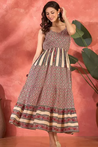 maroon printed cotton sleeveless flare dress