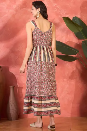 maroon printed cotton sleeveless flare dress