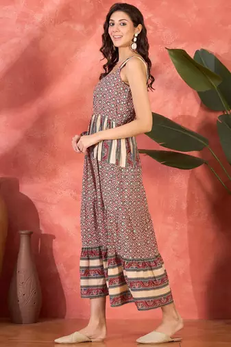 maroon printed cotton sleeveless flare dress
