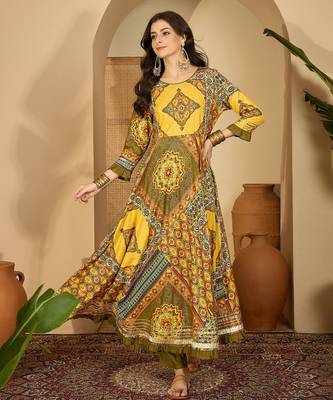 yellow printed rayon a line maxi dress 1