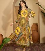 yellow printed rayon a line maxi dress