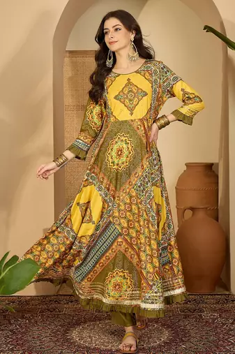 yellow printed rayon a line maxi dress