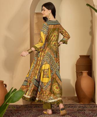 yellow printed rayon a line maxi dress 3