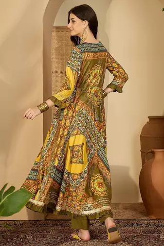 yellow printed rayon a line maxi dress