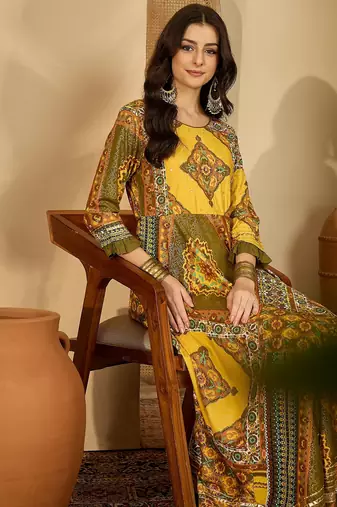 yellow printed rayon a line maxi dress