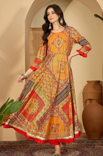 multicolor printed rayon a line maxi dress