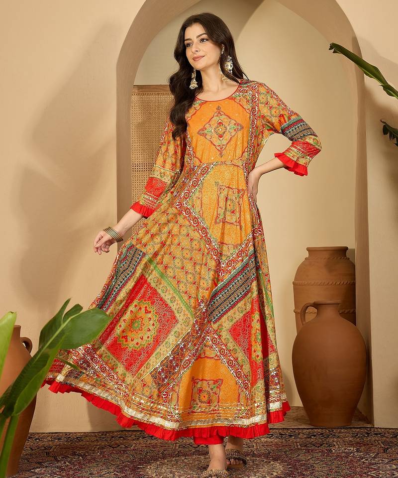 Daylist women ethnic motifs & beading at body foil  printed fit & flare dress