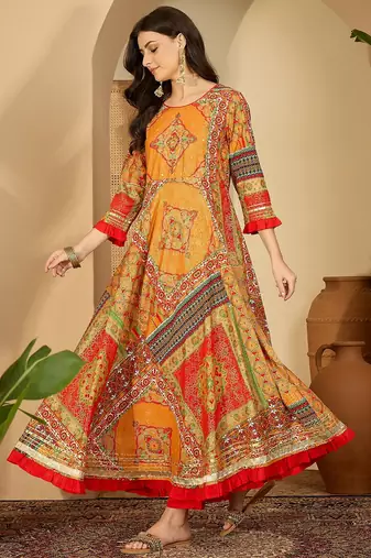 multicolor printed rayon a line maxi dress
