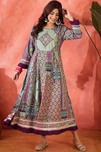 green printed viscose rayon a line maxi dress