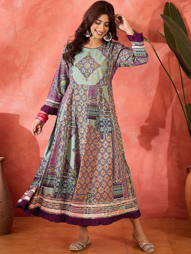 Daylist women ethnic motifs & beading at body foil  printed fit & flare dress