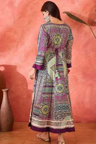 green printed viscose rayon a line maxi dress
