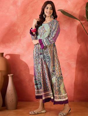 green printed viscose rayon a line maxi dress 4
