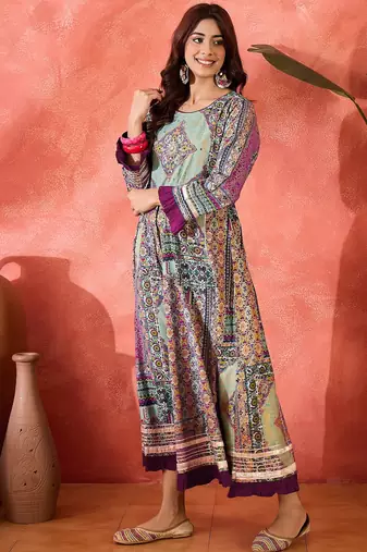 green printed viscose rayon a line maxi dress